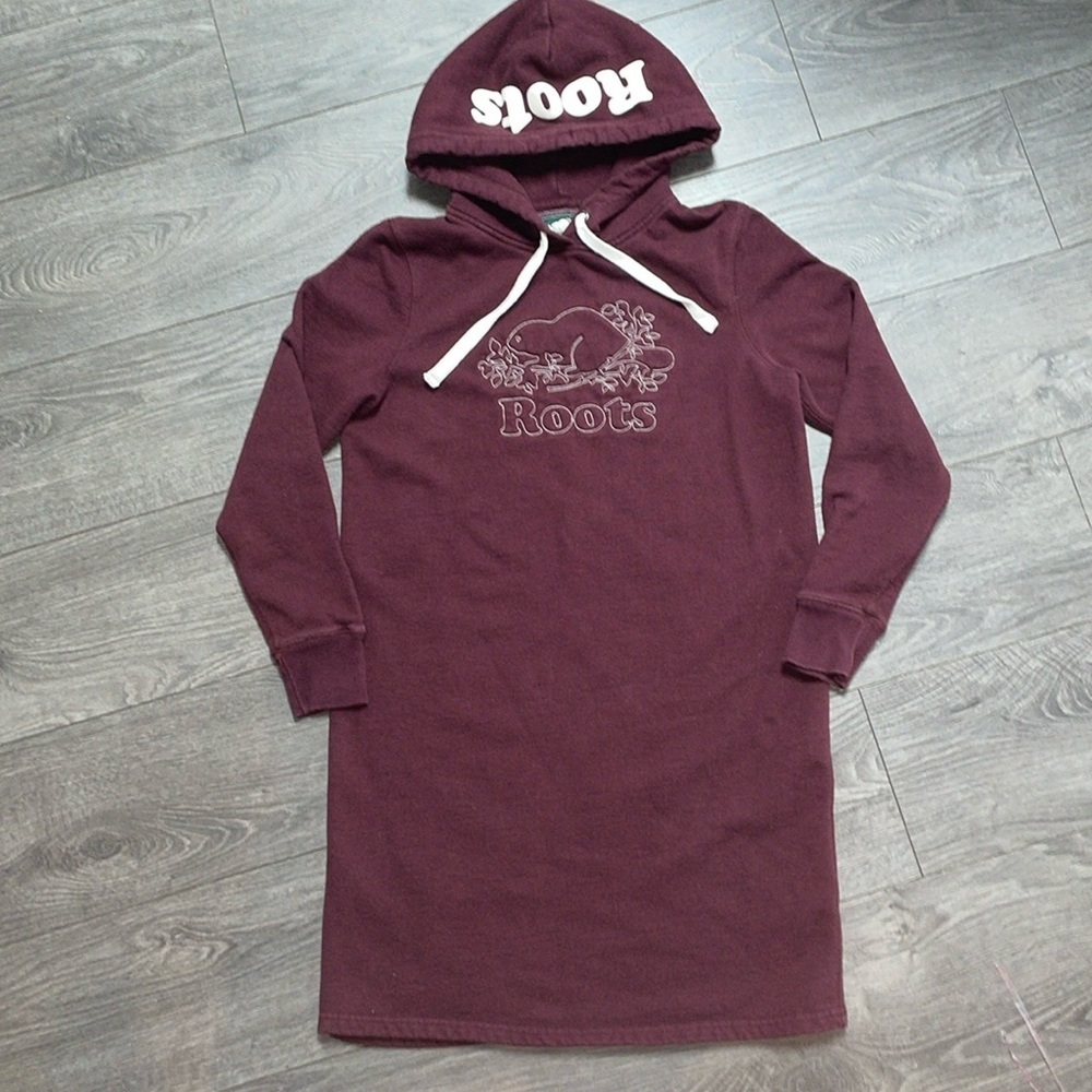 ROOTS Canada cotton Womens Long Red Maroon Hoodie Sweatshirt dress Size Small